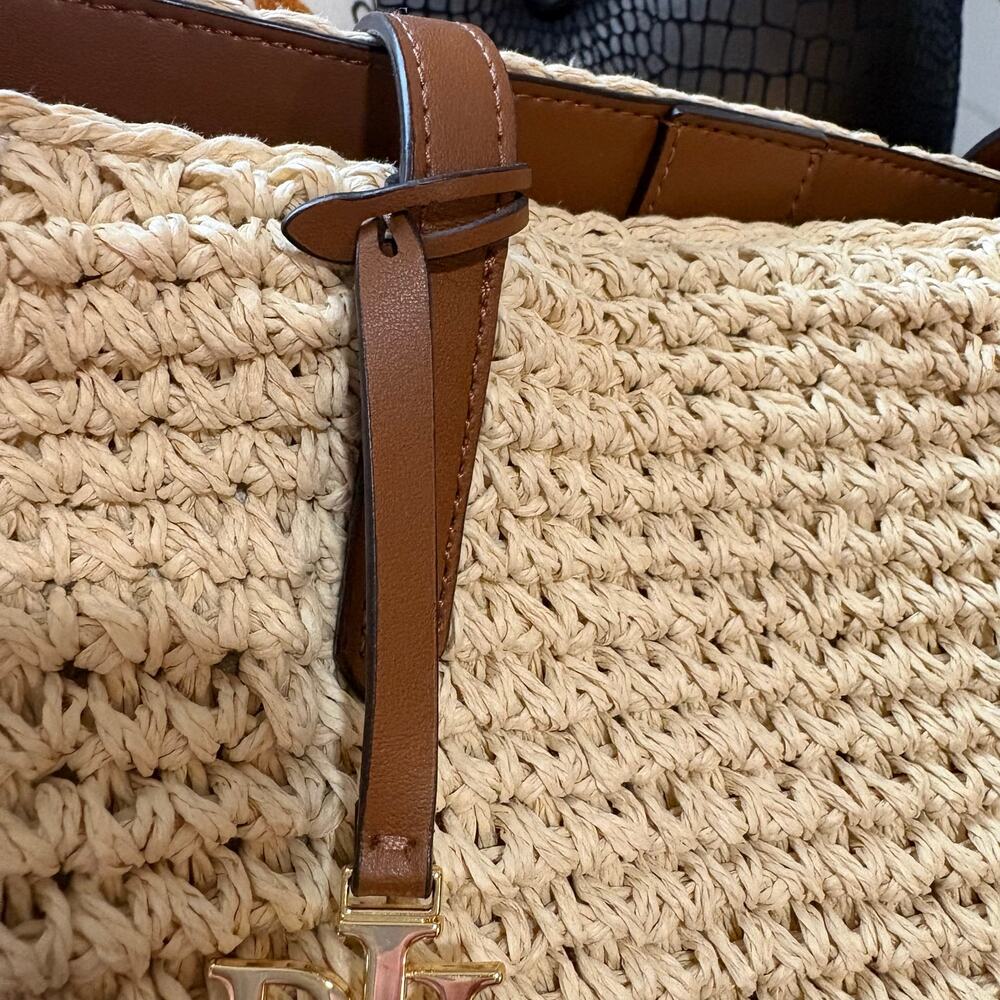 Lauren Ralph Lauren Whitney Medium Crochet Straw Tote Bag Tan Leather Tassel - Picture 7 of 16
